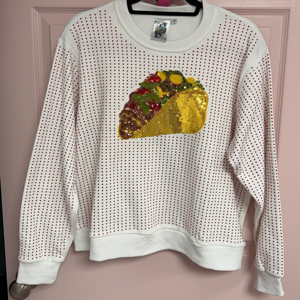 RARE QUEEN OF SPARKLES Oversized Taco Sequin Rhinestone  Sweatshirt NWOT